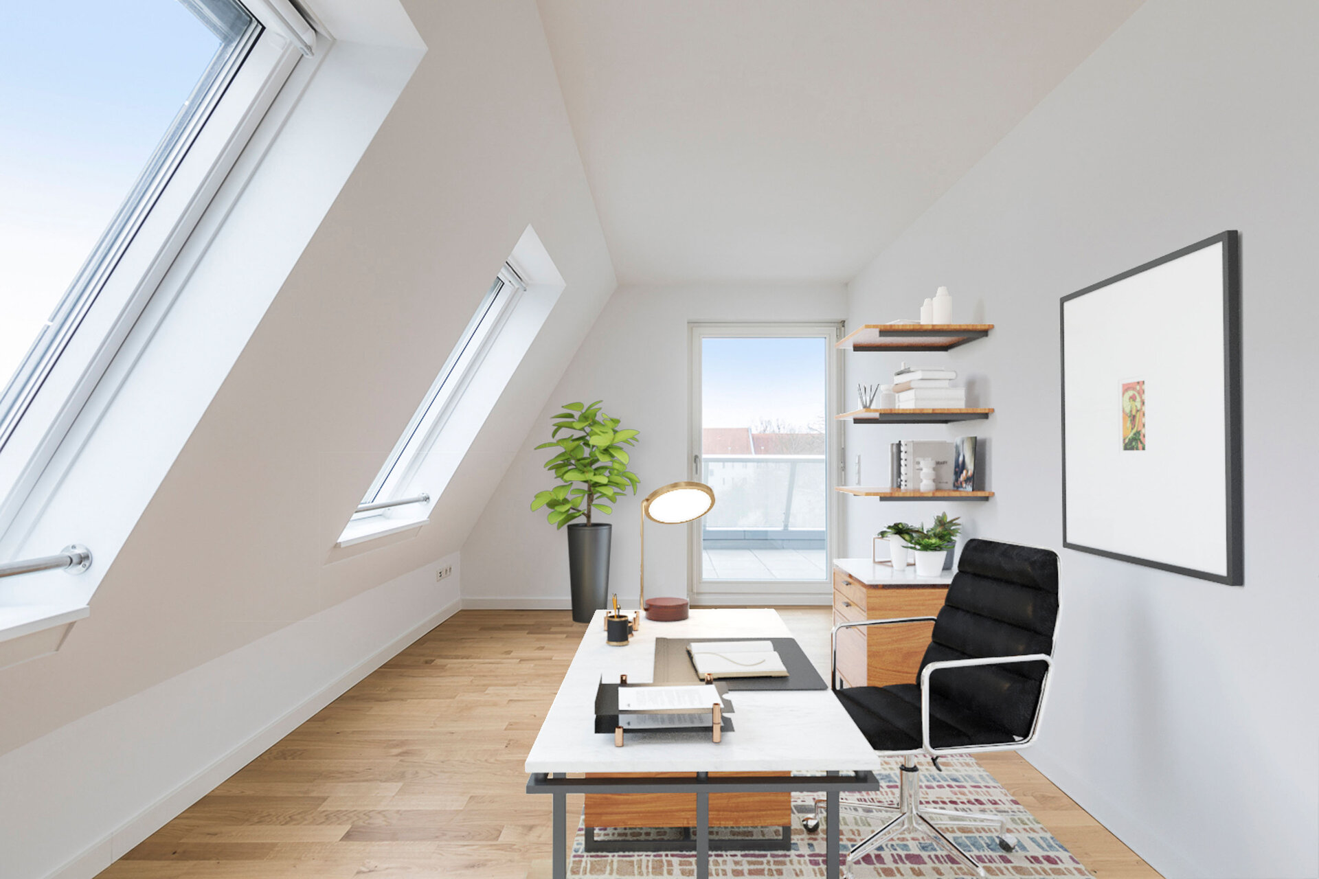 Ein helles Büro dank großer Fensterflächen. Bei der Planung des Homeoffice können die eigenen Ansprüche an den Arbeitsplatz optimal umgesetzt werden
