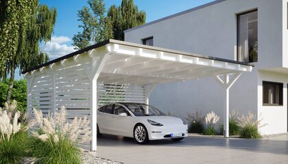 Einmal aufladen, bitte: Ein Solardach macht aus dem heimischen Carport eine Tankstelle fürs E-Auto | © djd/www.solarcarporte.de