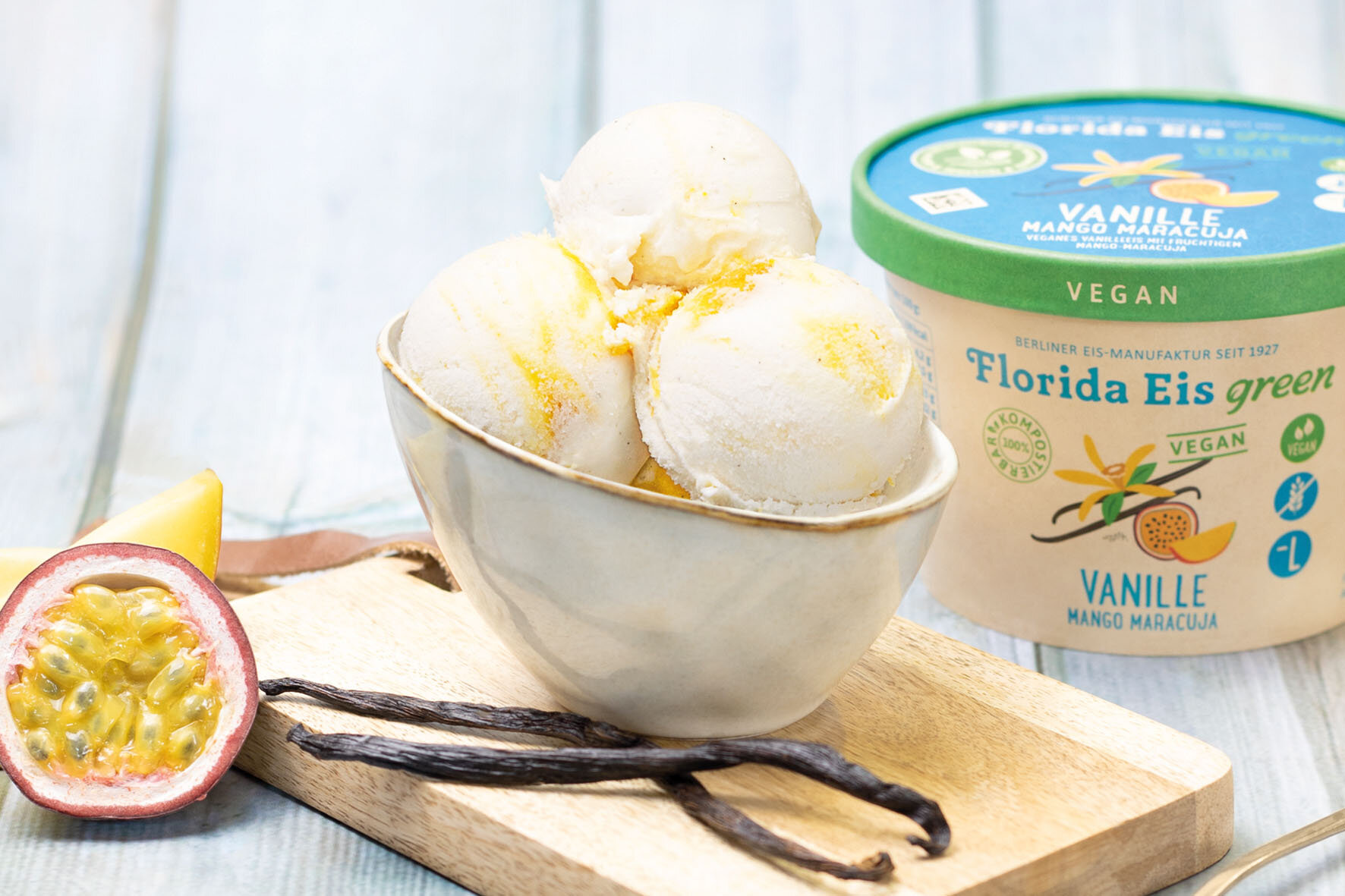 Die neue Sorte "Vanille Mango Maracuja" wird auf Haferbasis und mit hausgemachter Fruchtsauce hergestellt.