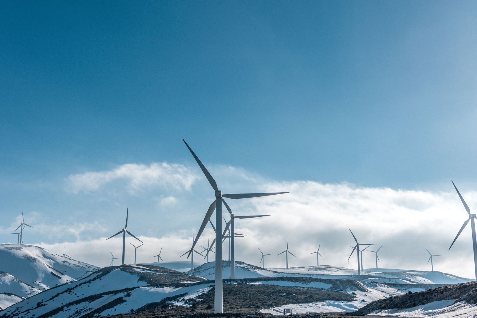All wind turbines side by side producing pure electricity without destroying our beloved planet Earth. | © Unsplash / Jason Blackeye