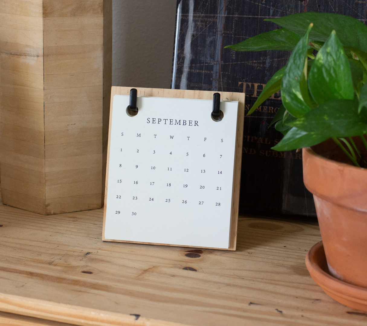Dresser top with mini calendar of September and potted plant | © Unsplash / Blessing Ri